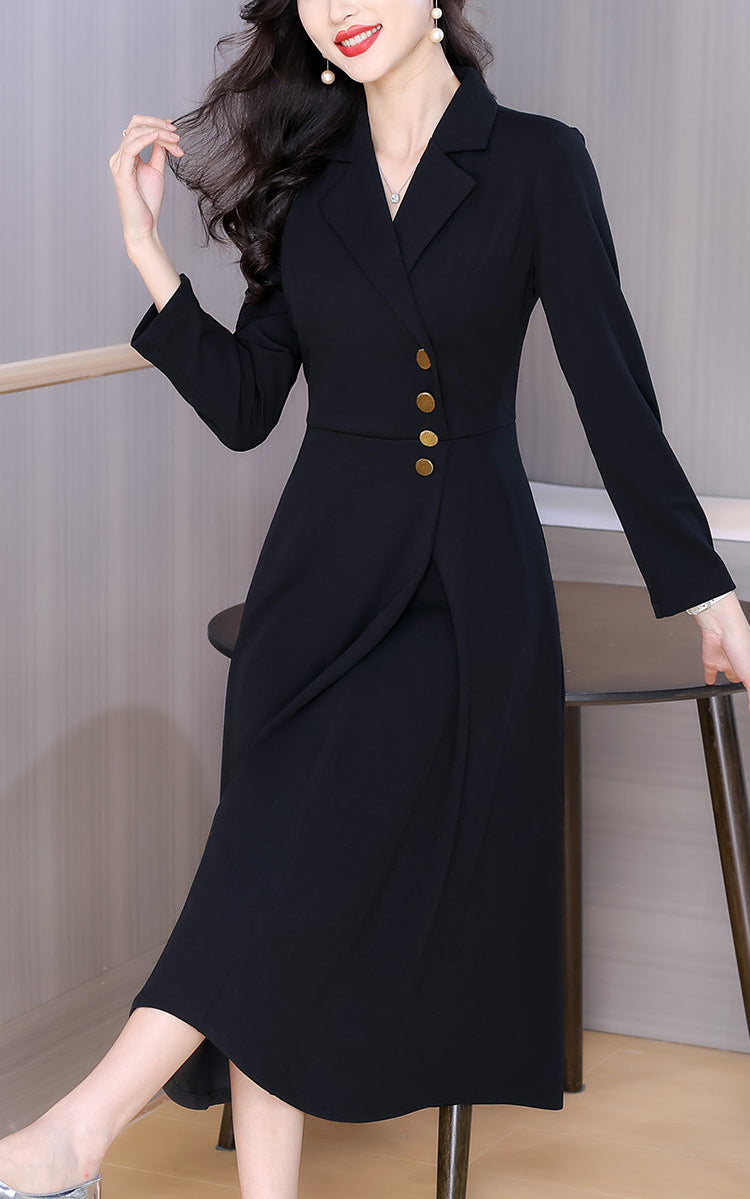 Black Long Sleeve A-Line Office Suit Dress with Gold Buttons