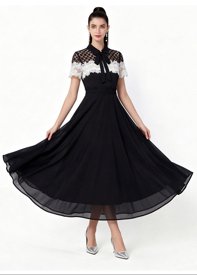 Black & White Floral Lace Collared A-Line Midi Dress