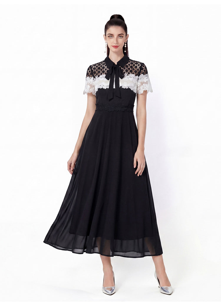 Black & White Floral Lace Collared A-Line Midi Dress