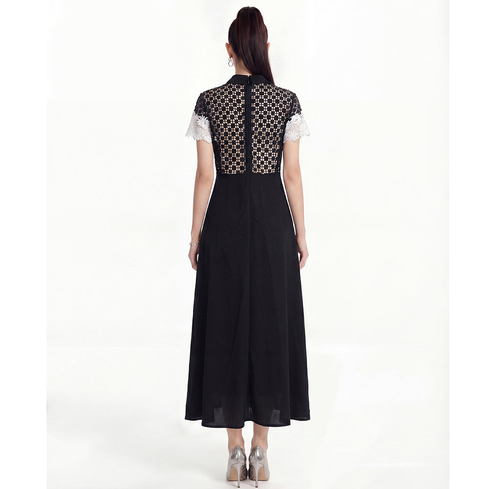Black & White Floral Lace Collared A-Line Midi Dress