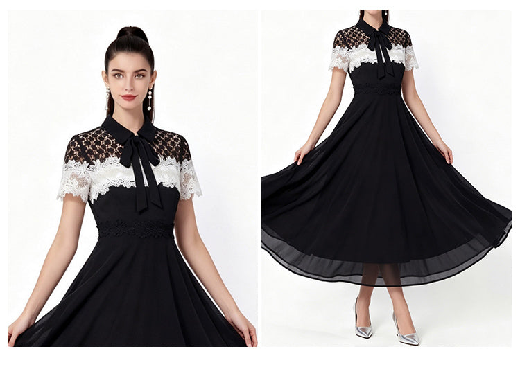 Black & White Floral Lace Collared A-Line Midi Dress
