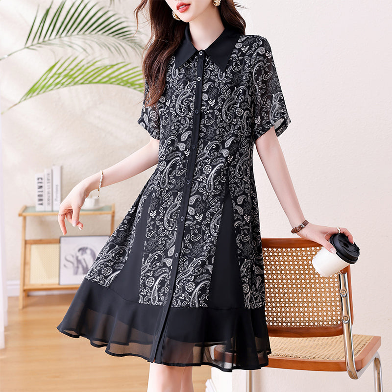 Plus Size Black & White Paisley Chiffon Hem Button-Down Dress