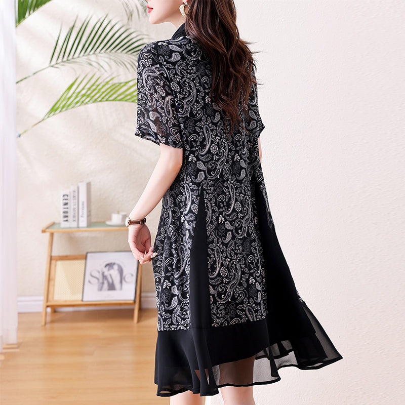 Plus Size Black & White Paisley Chiffon Hem Button-Down Dress