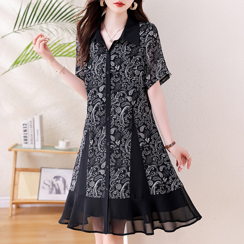 Plus Size Black & White Paisley Chiffon Hem Button-Down Dress