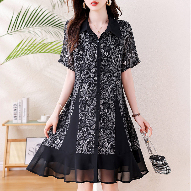 Plus Size Black & White Paisley Chiffon Hem Button-Down Dress