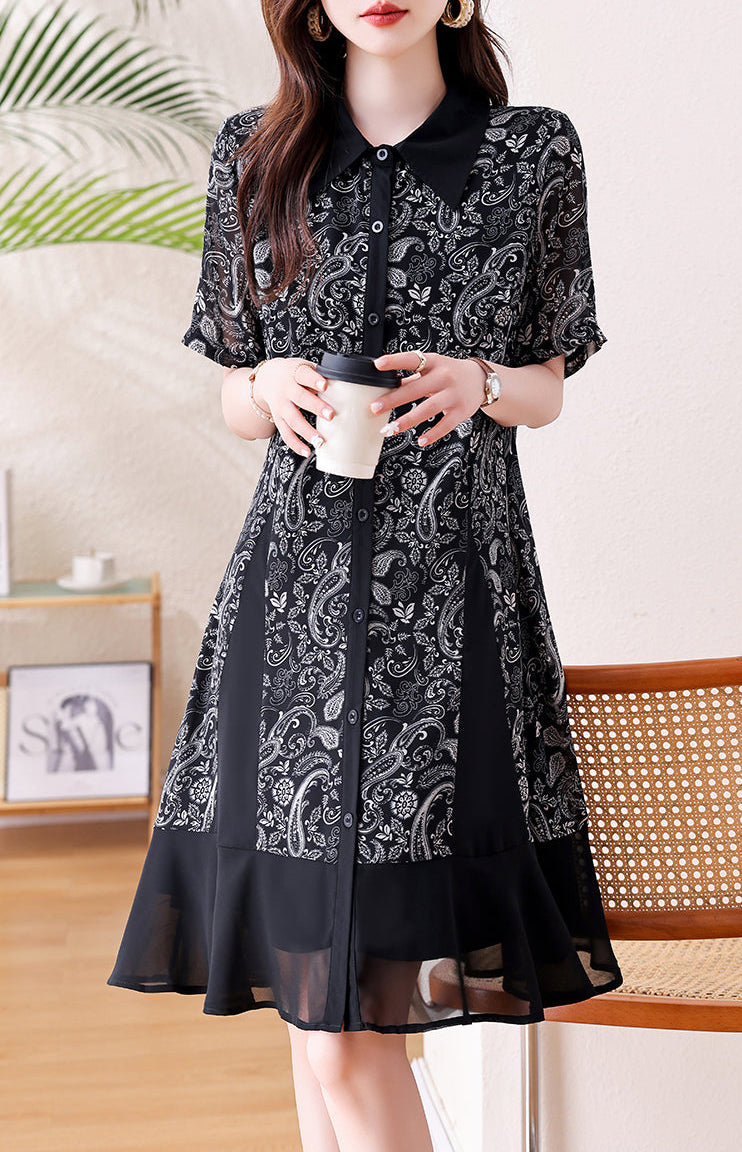Plus Size Black & White Paisley Chiffon Hem Button-Down Dress