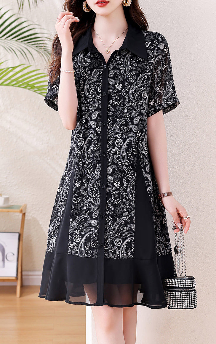 Plus Size Black & White Paisley Chiffon Hem Button-Down Dress