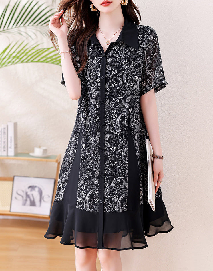 Plus Size Black & White Paisley Chiffon Hem Button-Down Dress