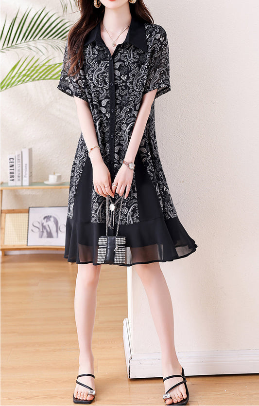 Plus Size Black & White Paisley Chiffon Hem Button-Down Dress