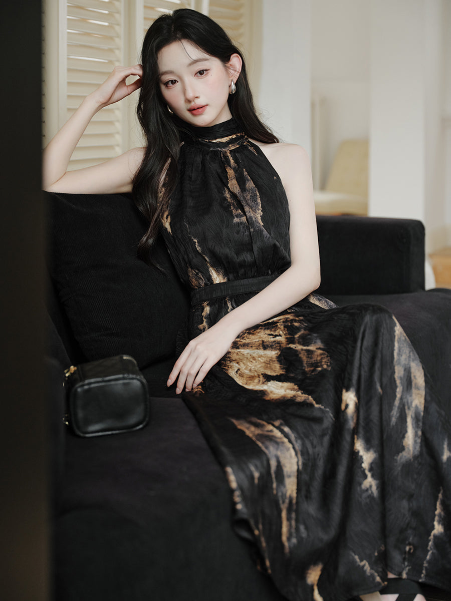 Black and Gold Abstract Print High-Neck Maxi Dress