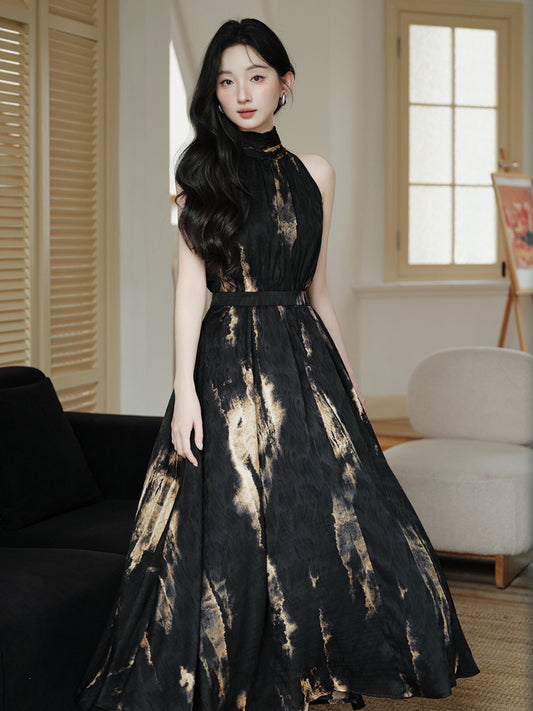 Black and Gold Abstract Print High-Neck Maxi Dress