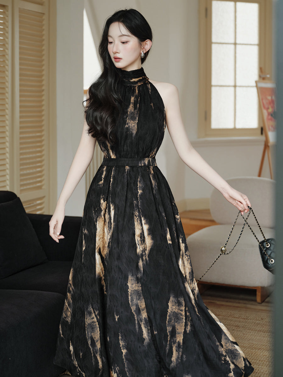 Black and Gold Abstract Print High-Neck Maxi Dress