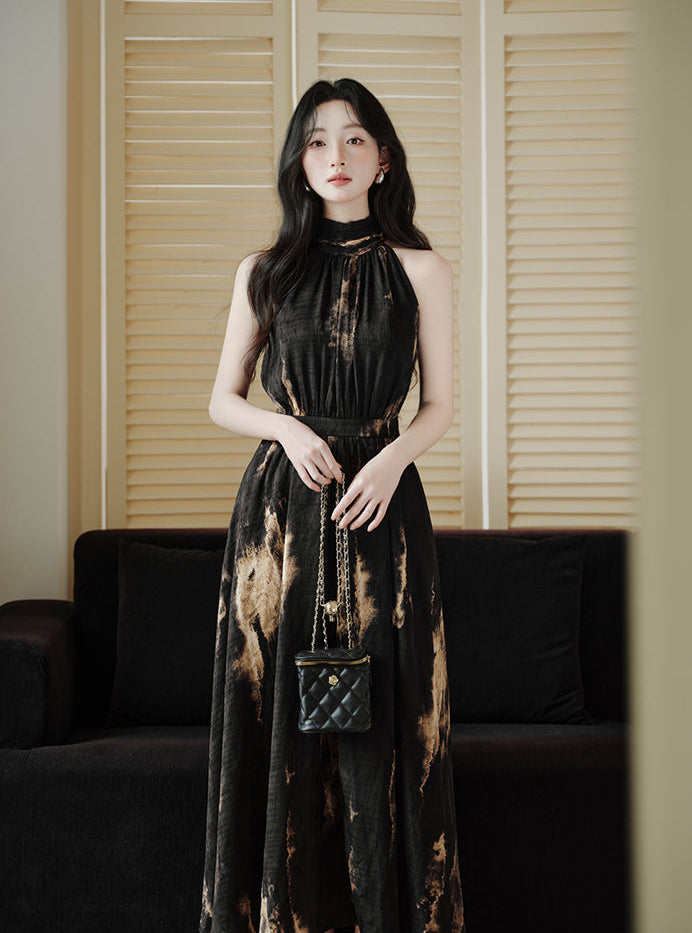 Black and Gold Abstract Print High-Neck Maxi Dress
