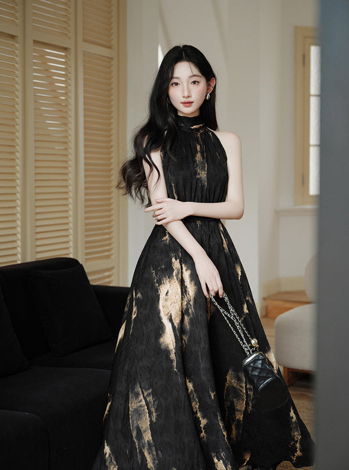 Black and Gold Abstract Print High-Neck Maxi Dress