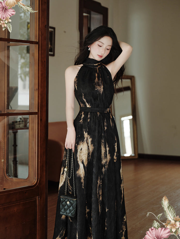 Black and Gold Abstract Print High-Neck Maxi Dress