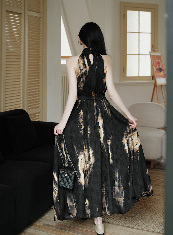 Black and Gold Abstract Print High-Neck Maxi Dress