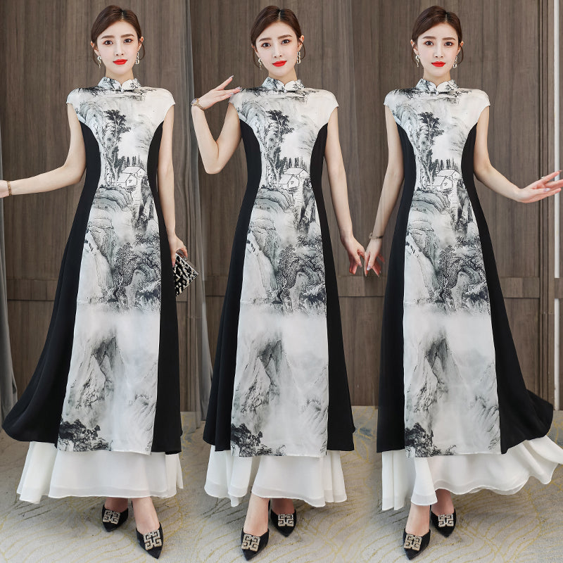 Black and White Chinese Style Ink Painting Maxi Dress