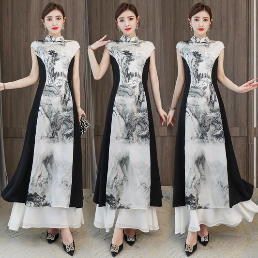 Black and White Chinese Style Ink Painting Maxi Dress