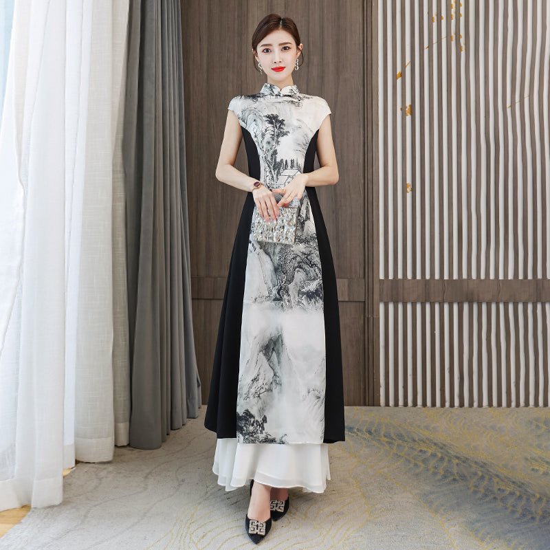 Black and White Chinese Style Ink Painting Maxi Dress