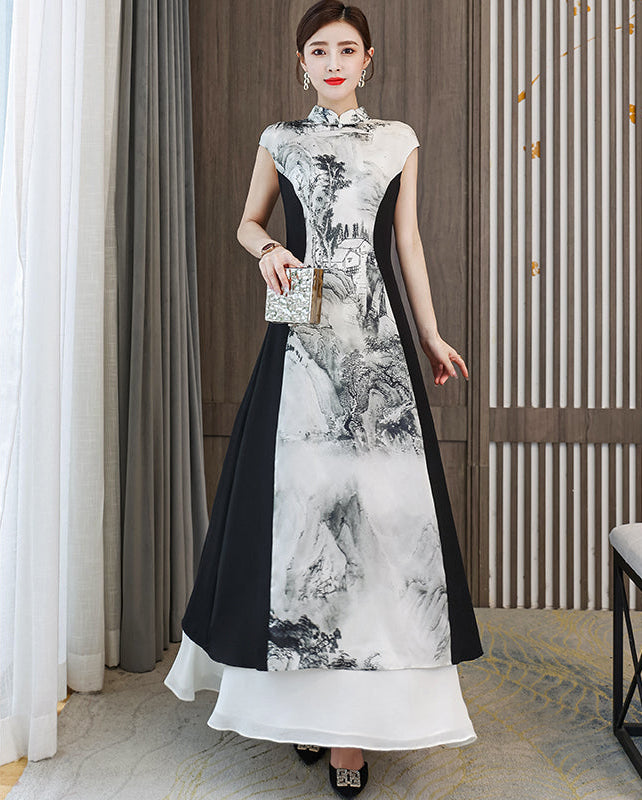 Black and White Chinese Style Ink Painting Maxi Dress