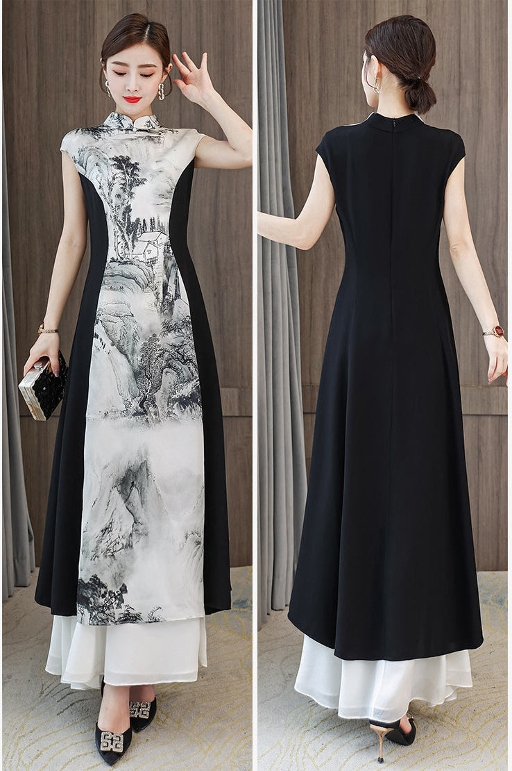 Black and White Chinese Style Ink Painting Maxi Dress