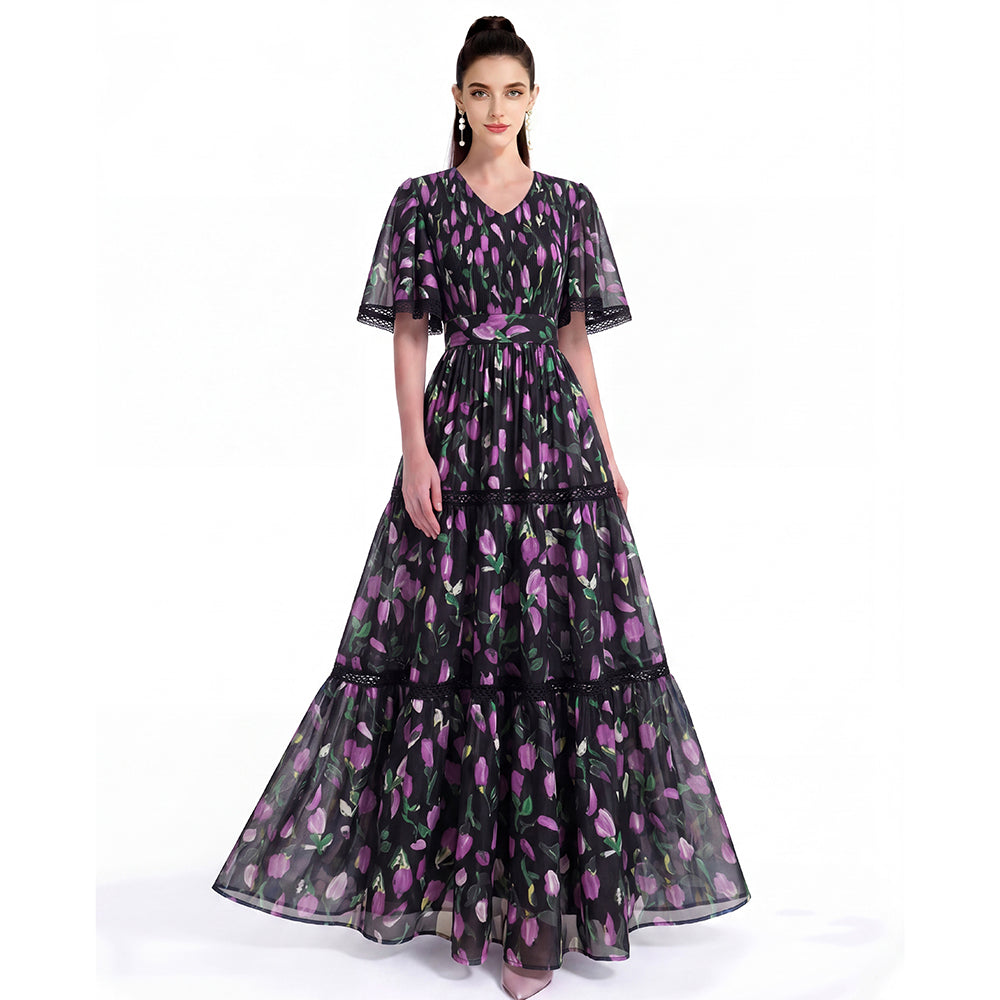 Blooming Tulip Flutter Sleeve Lace-Trim Maxi Dress