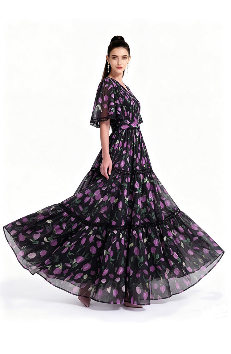 Blooming Tulip Flutter Sleeve Lace-Trim Maxi Dress