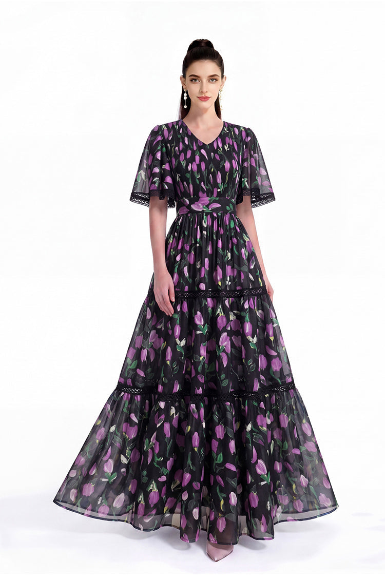 Blooming Tulip Flutter Sleeve Lace-Trim Maxi Dress