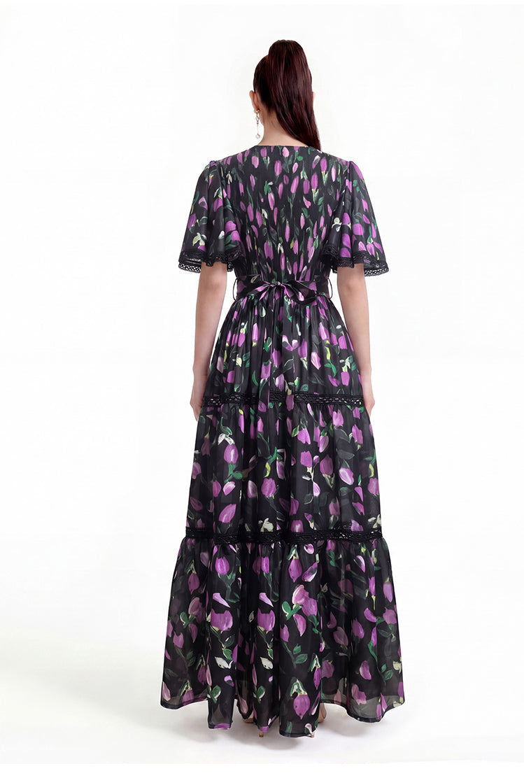 Blooming Tulip Flutter Sleeve Lace-Trim Maxi Dress