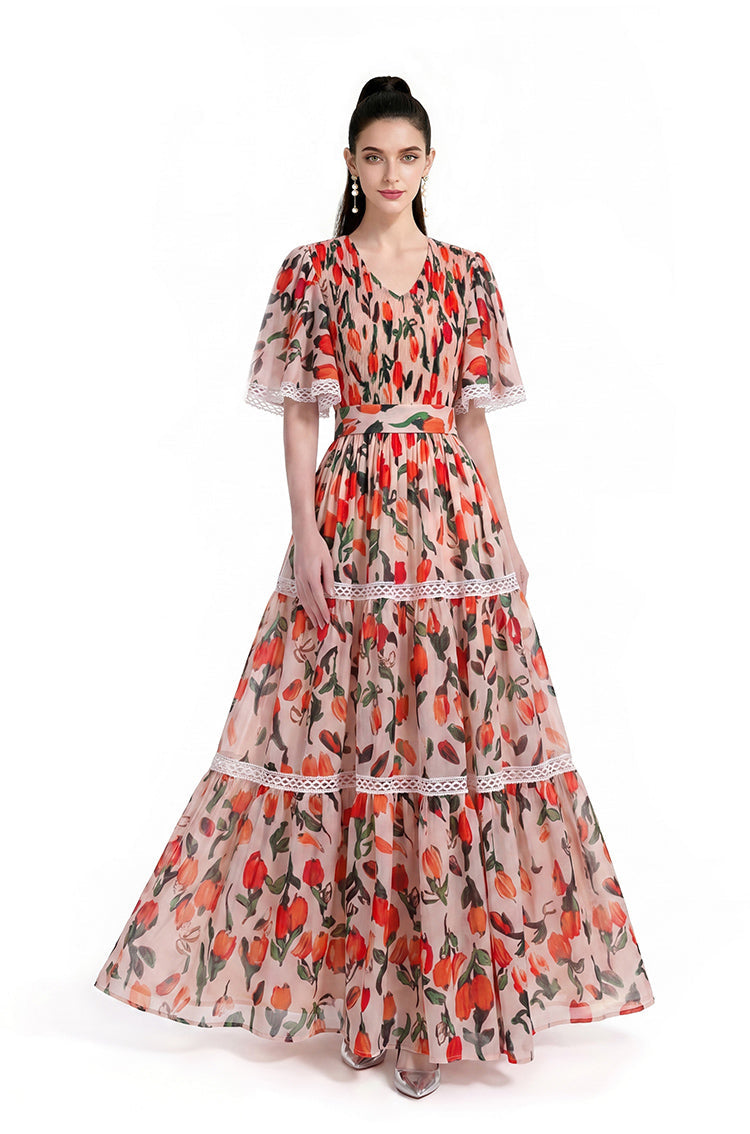 Blooming Tulip Flutter Sleeve Lace-Trim Maxi Dress