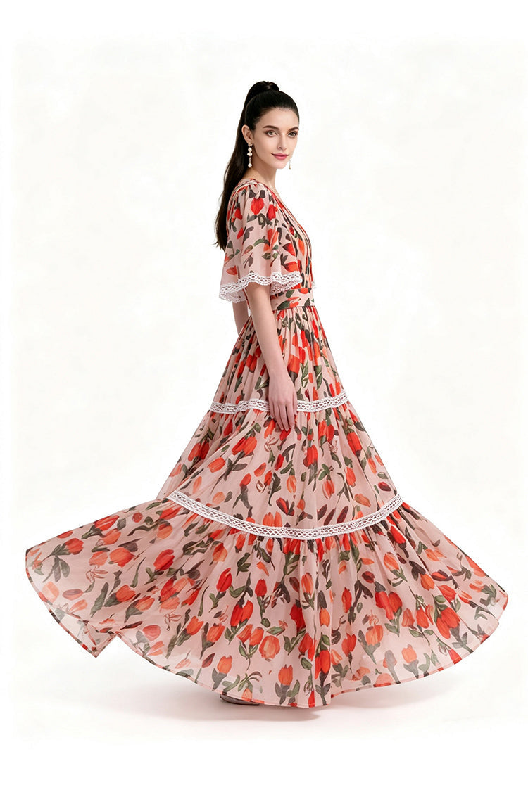 Blooming Tulip Flutter Sleeve Lace-Trim Maxi Dress