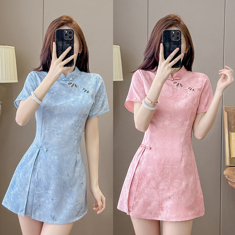 Blossom Modern Chinese Collar Mini Dress with Cutout Detail