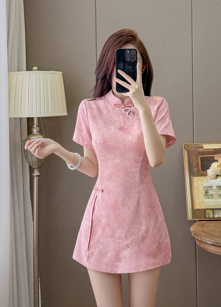 Blossom Modern Chinese Collar Mini Dress with Cutout Detail