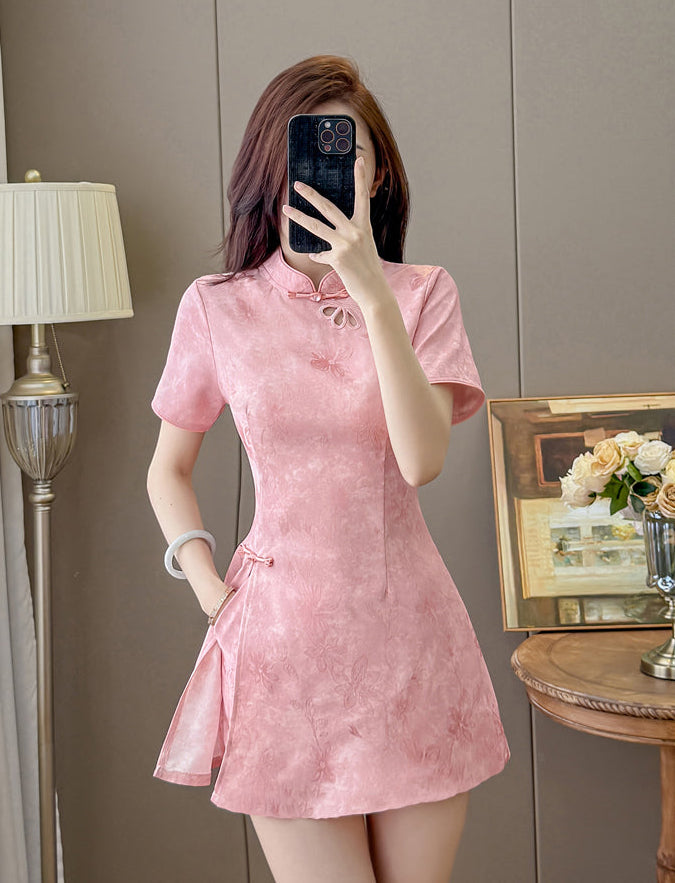 Blossom Modern Chinese Collar Mini Dress with Cutout Detail