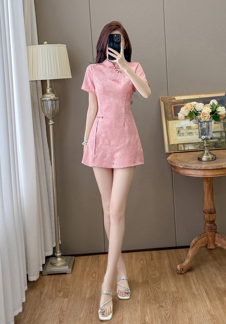 Blossom Modern Chinese Collar Mini Dress with Cutout Detail