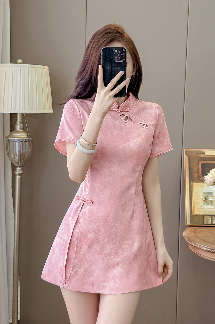 Blossom Modern Chinese Collar Mini Dress with Cutout Detail