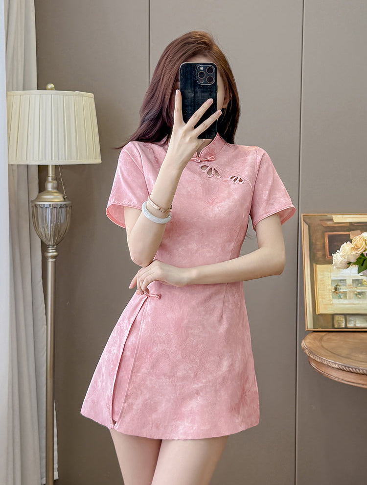Blossom Modern Chinese Collar Mini Dress with Cutout Detail