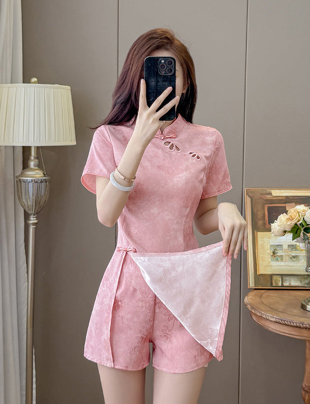 Blossom Modern Chinese Collar Mini Dress with Cutout Detail