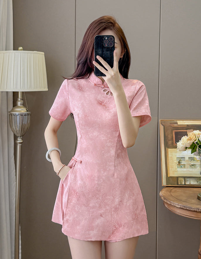 Blossom Modern Chinese Collar Mini Dress with Cutout Detail