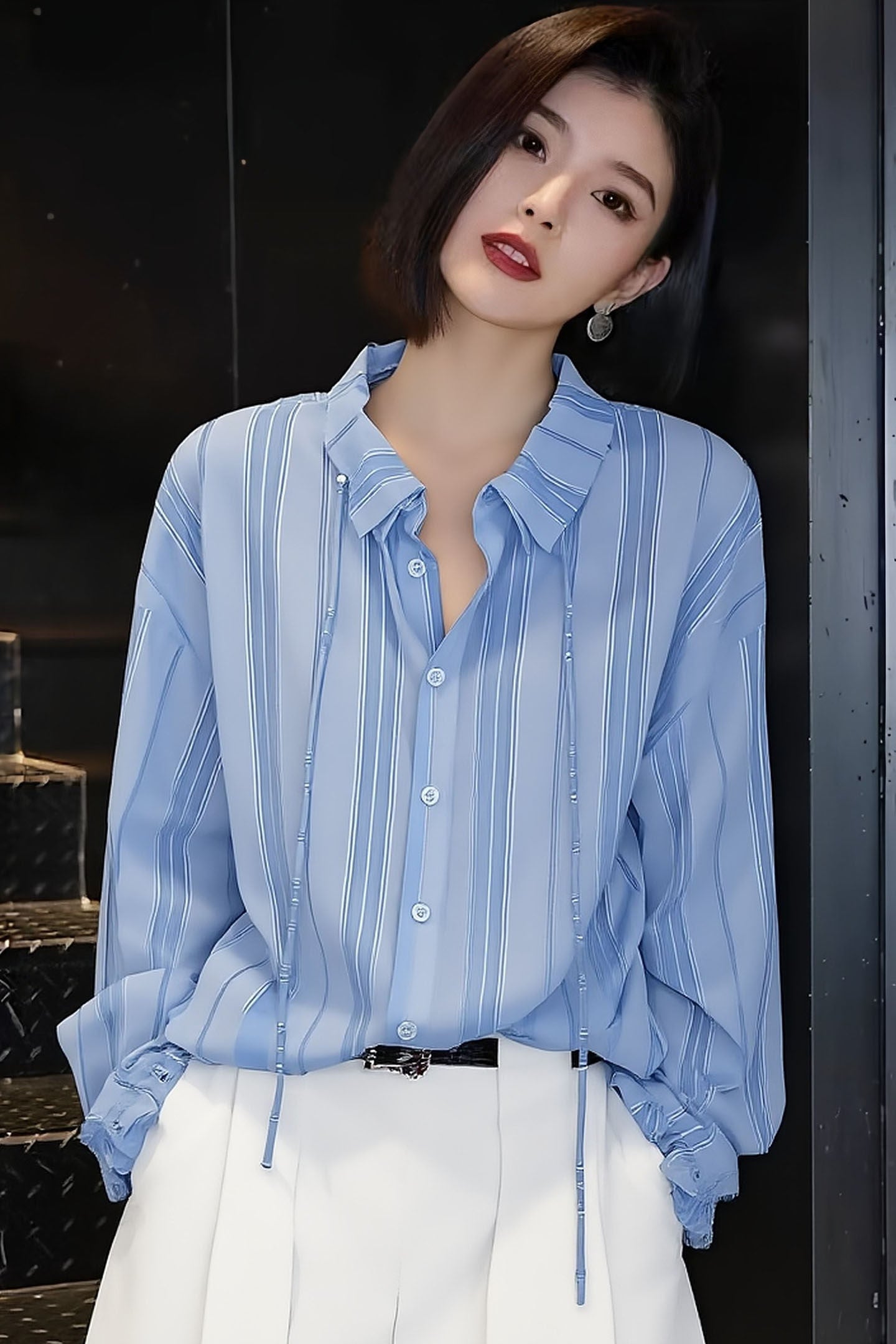 Light Blue Striped Office Shirt With Ruffled Stand Collar