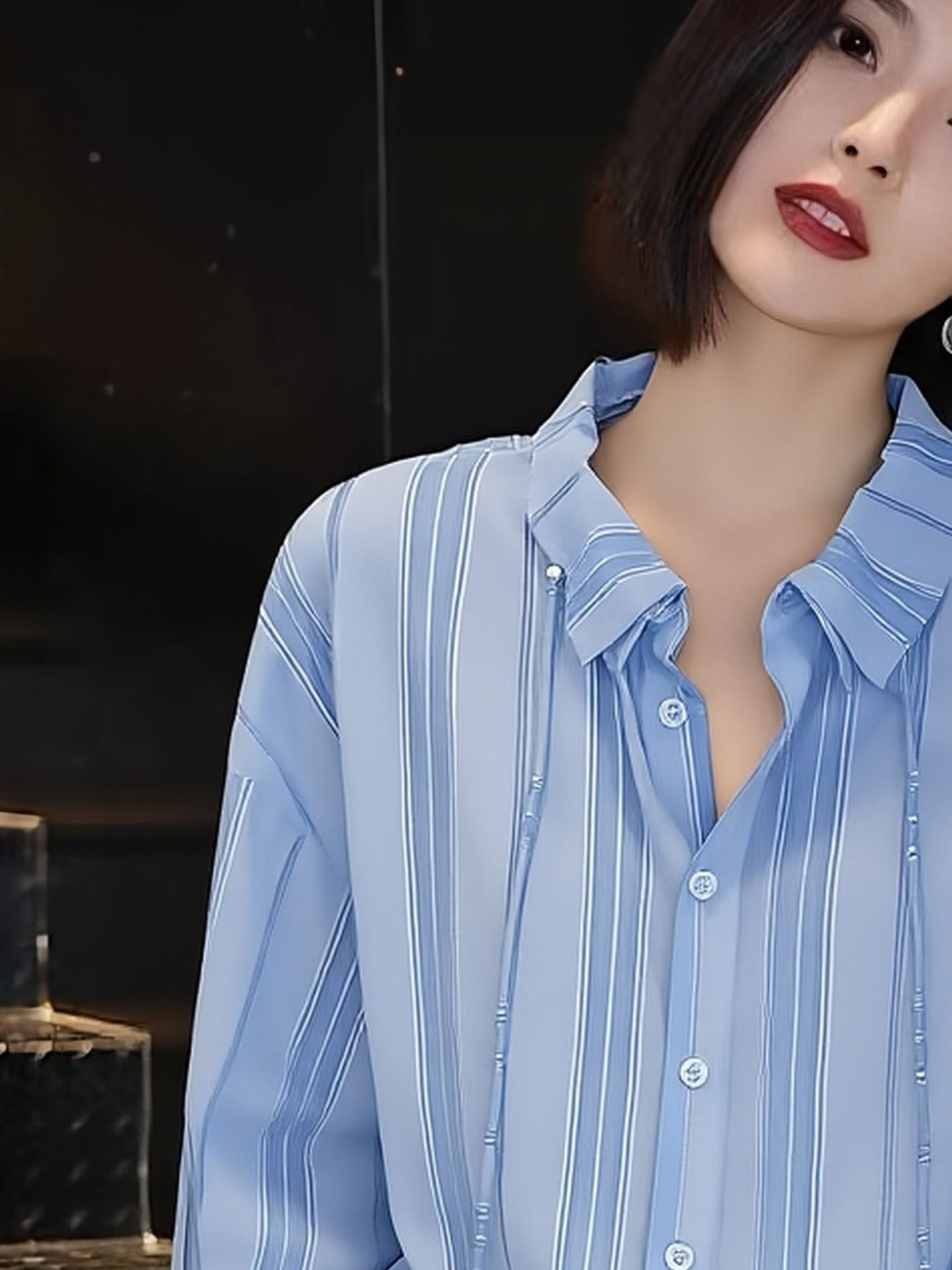 Light Blue Striped Office Shirt With Ruffled Stand Collar
