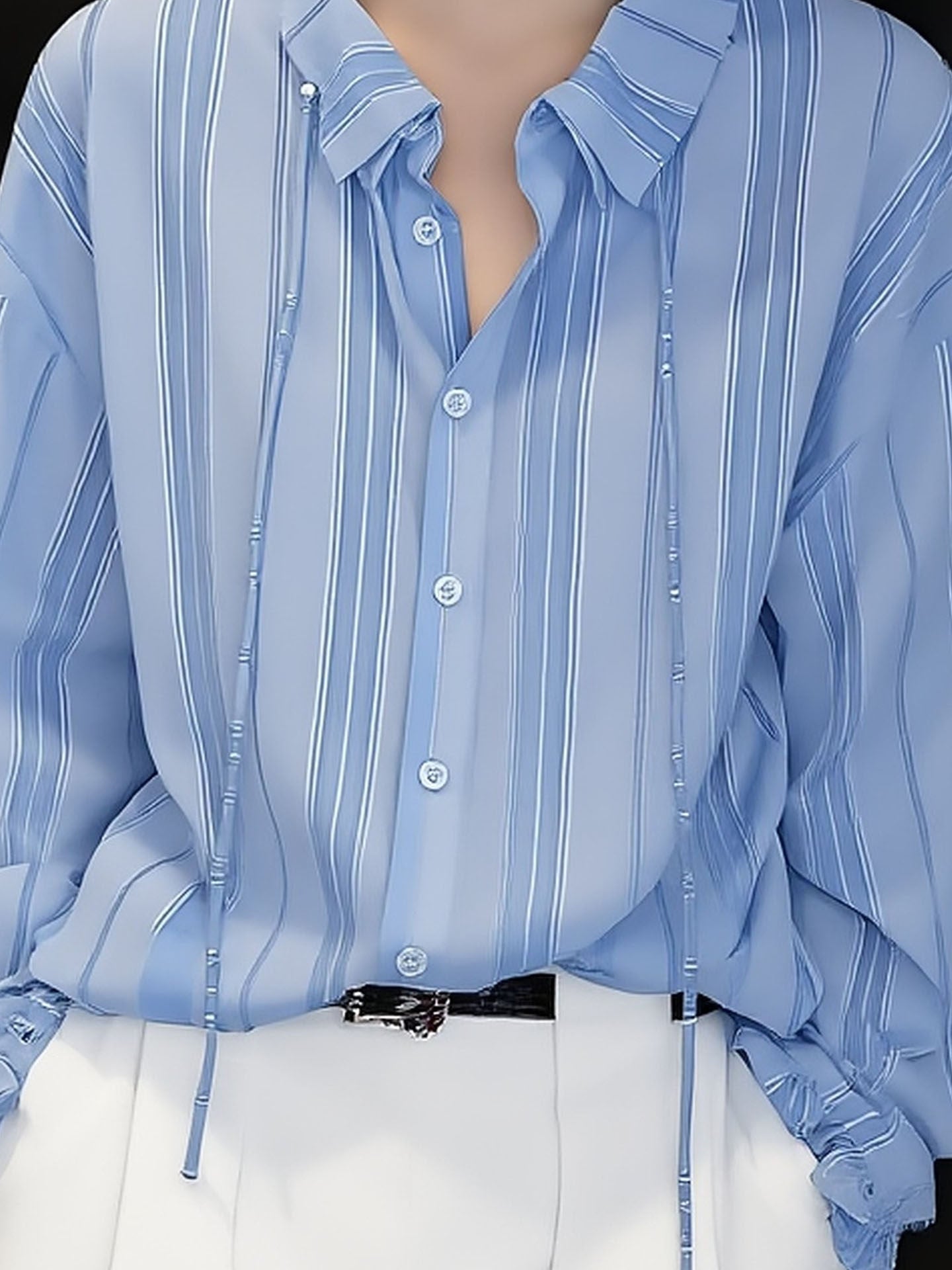 Light Blue Striped Office Shirt With Ruffled Stand Collar