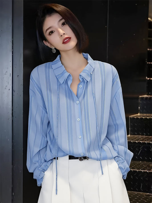 Light Blue Striped Office Shirt With Ruffled Stand Collar
