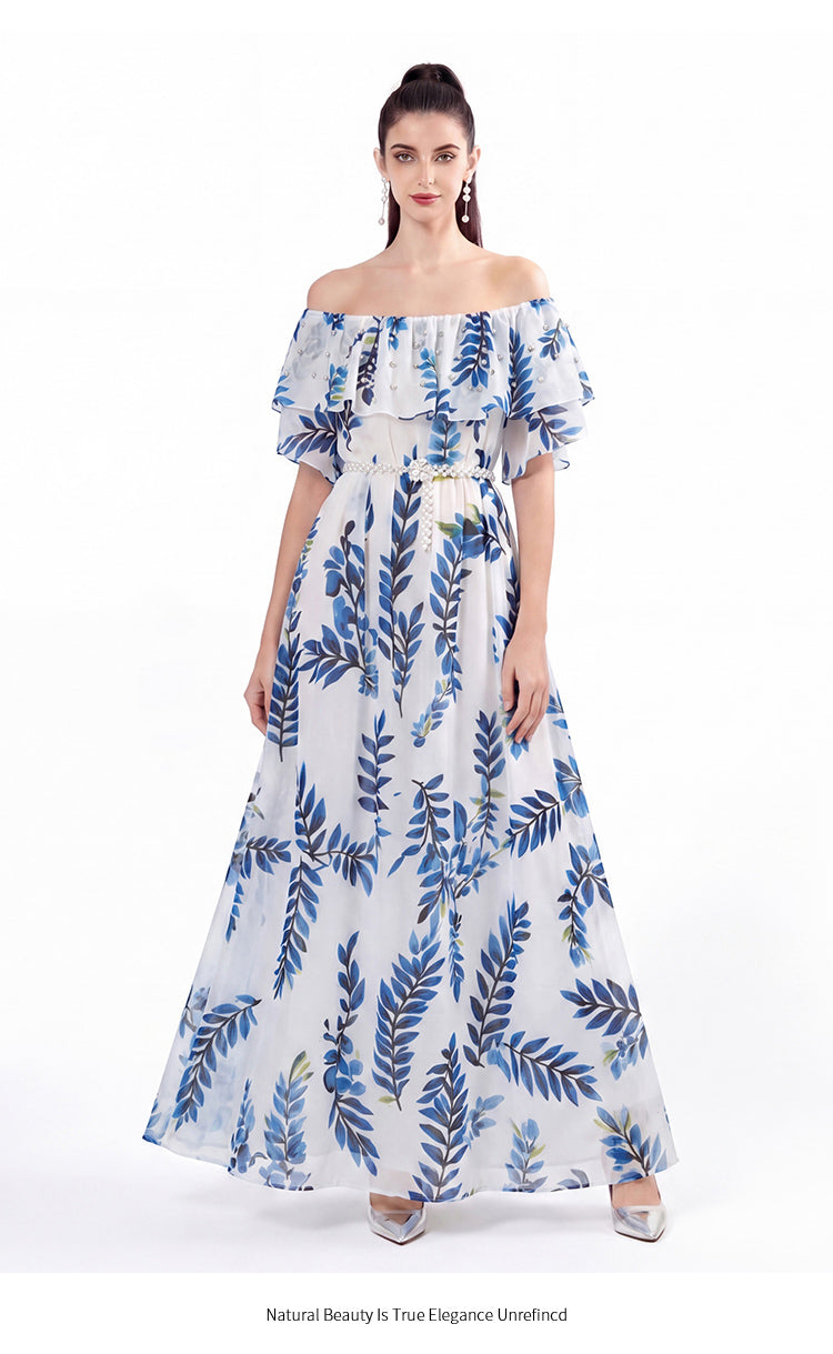 Blue Floral Ruffle Neck Convertible Beach Maxi Dress