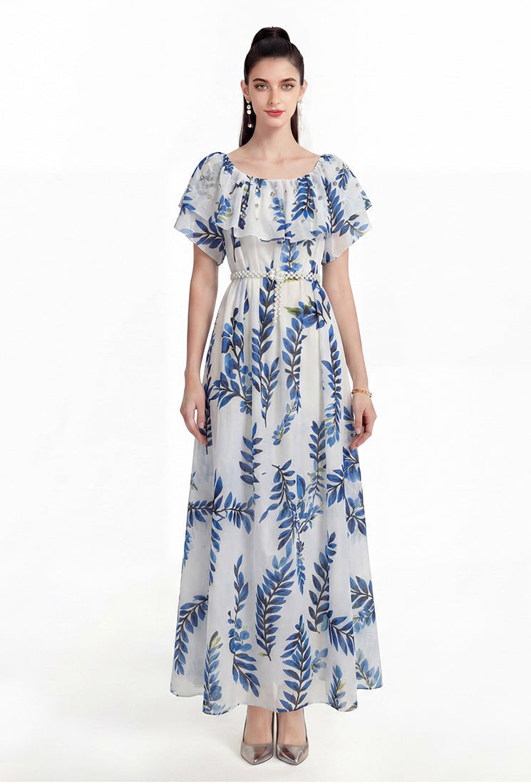 Blue Floral Ruffle Neck Convertible Beach Maxi Dress