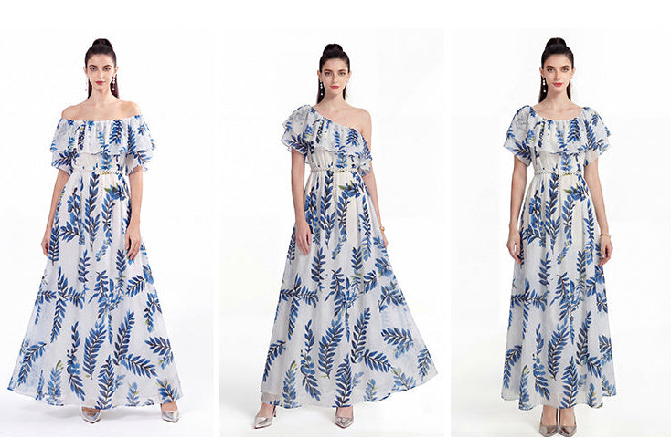 Blue Floral Ruffle Neck Convertible Beach Maxi Dress