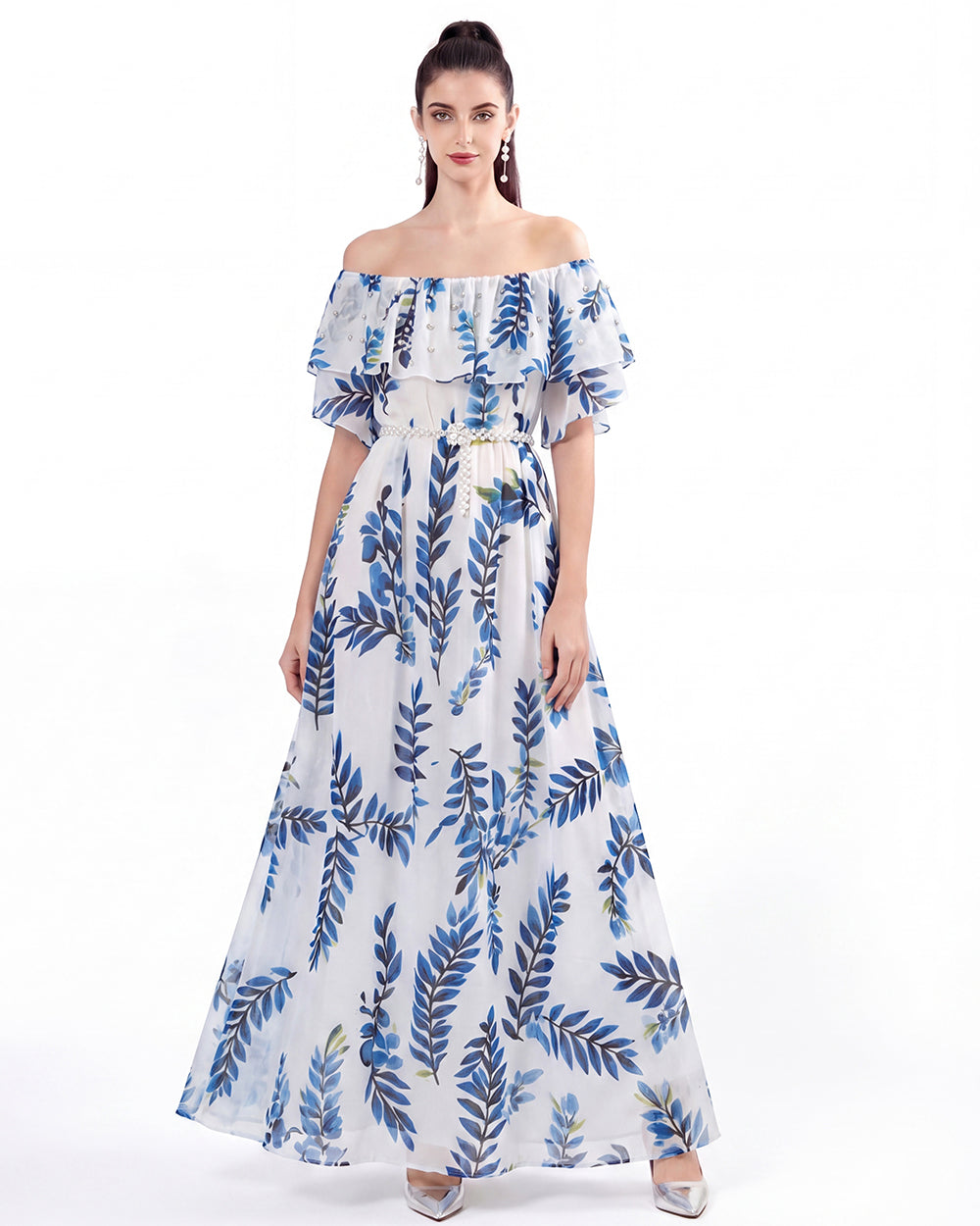 Blue Floral Ruffle Neck Convertible Beach Maxi Dress