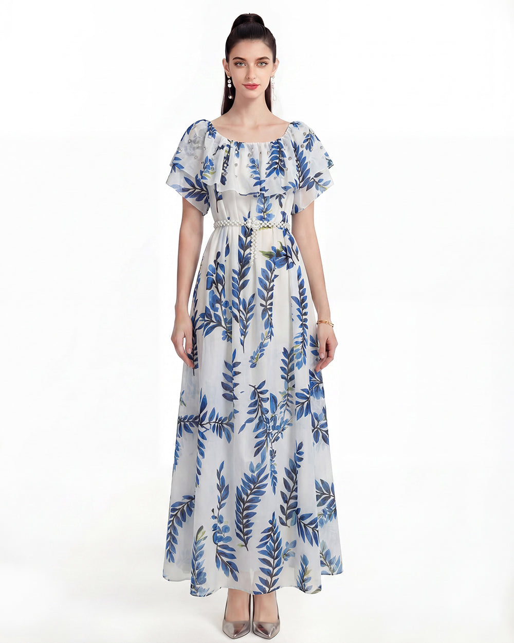 Blue Floral Ruffle Neck Convertible Beach Maxi Dress