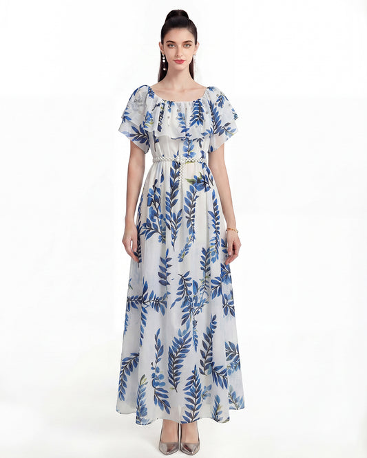 Blue Floral Ruffle Neck Convertible Beach Maxi Dress