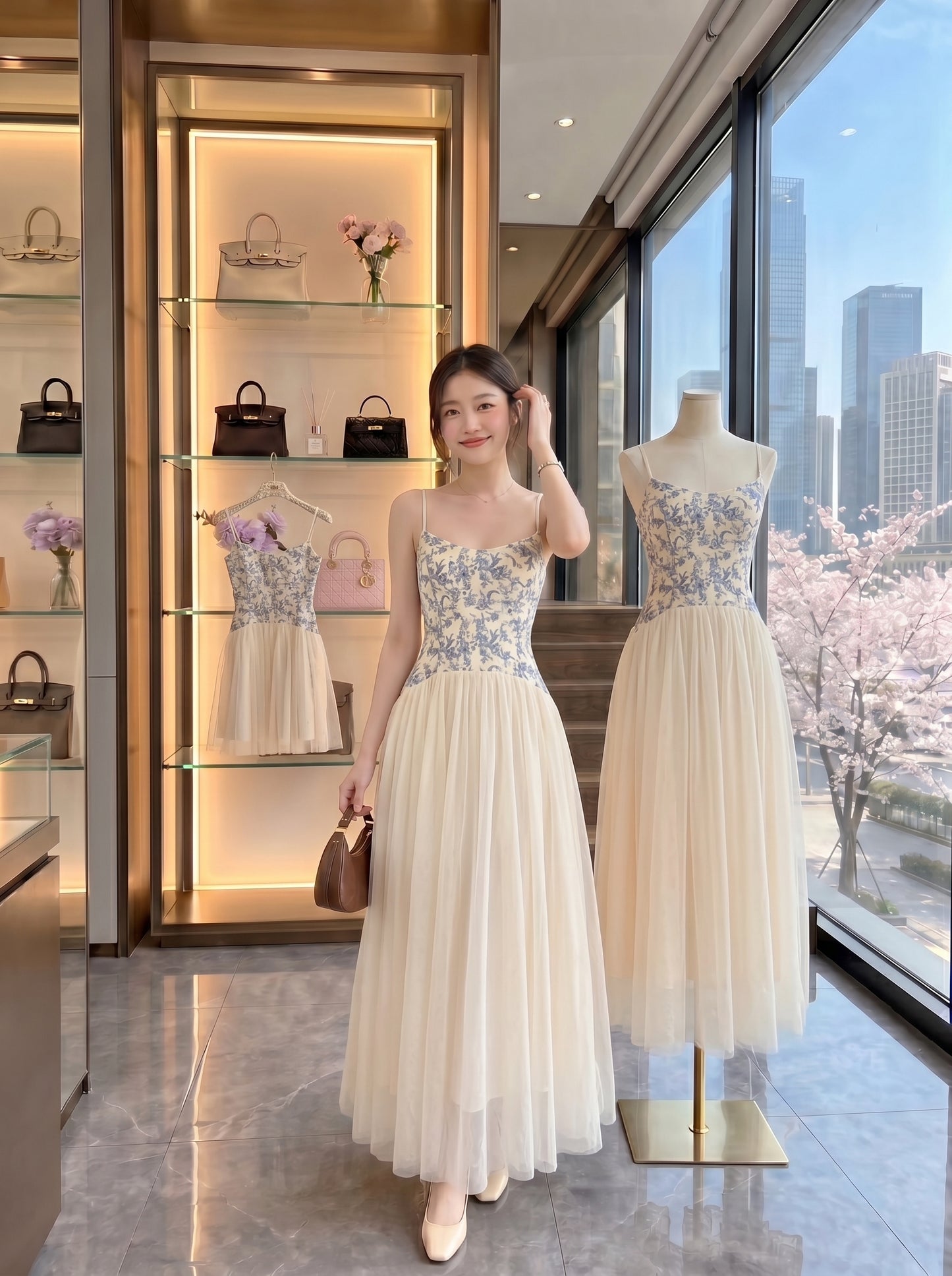 Blue Floral Embroidered Corset Bodice Tulle Cami Midi Dress